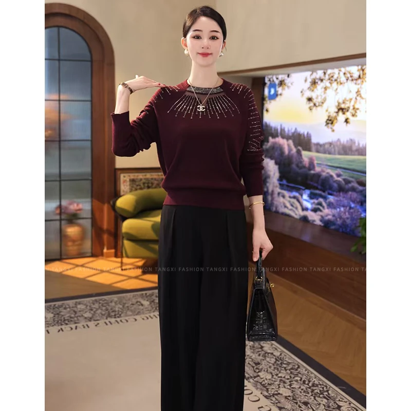 2026秋冬新款【QQ-1212JR】天丝醋酸羊毛红色烫钻圆领镂空针织上衣