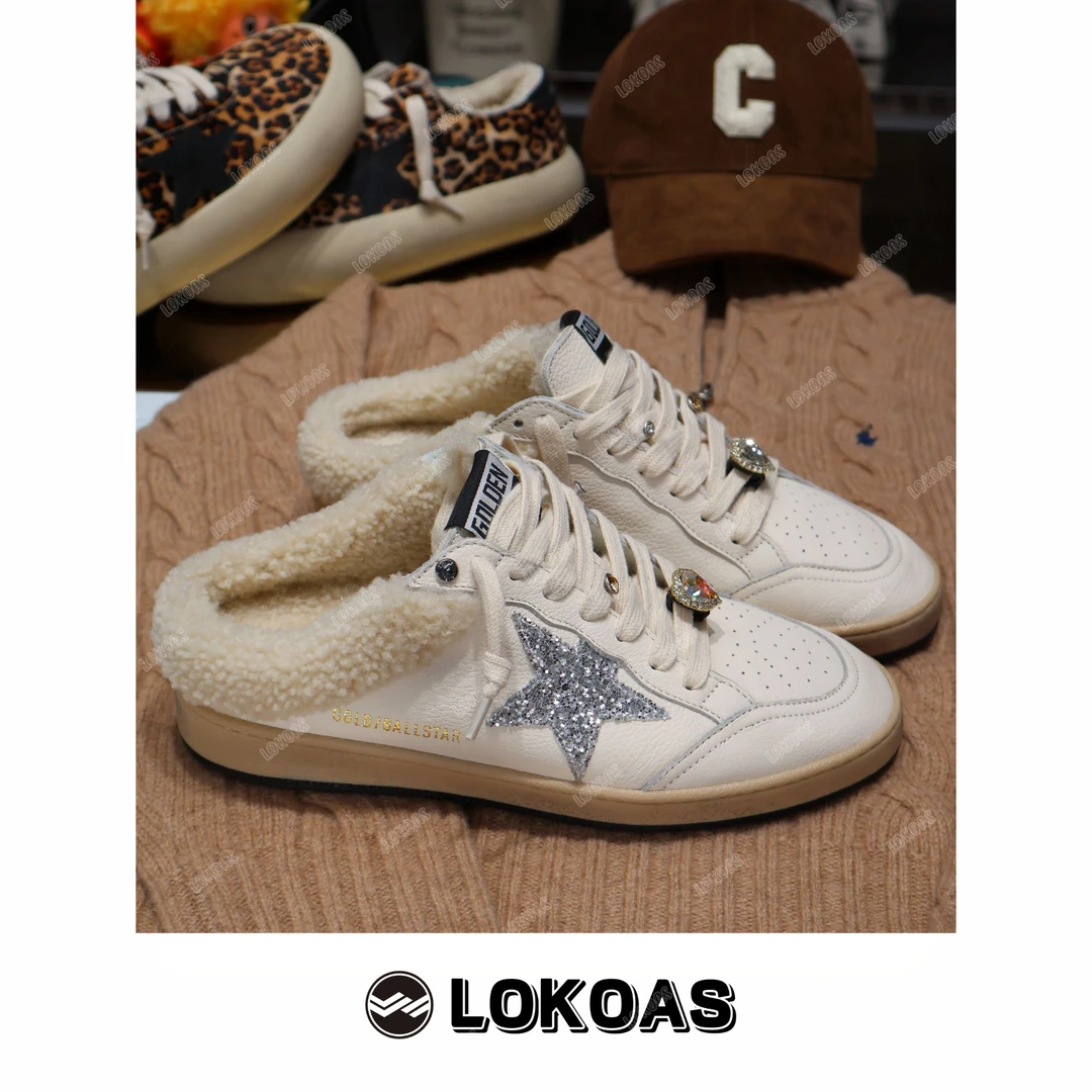 经典款 复古做旧银星内增高羊毛拖鞋星星脏鞋毛毛休闲半拖秋冬