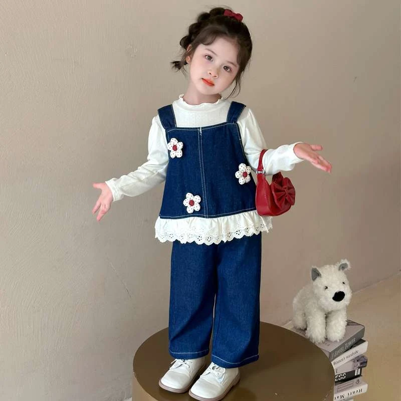 女童秋季洋派套装新款儿童牛仔花边马甲三件套女宝宝韩版秋装