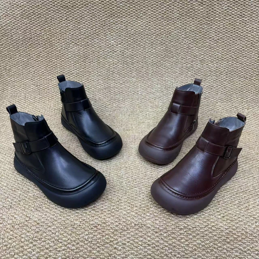 2716-23A新款冬季纯色牛皮侧拉链平跟大棉女靴保暖复古百搭