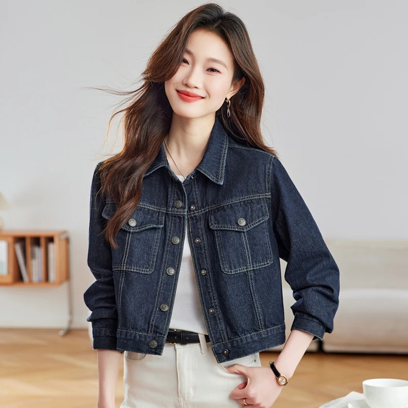 早春秋季深蓝色牛仔外套女装2025新款小个子短款百搭正肩夹克上…