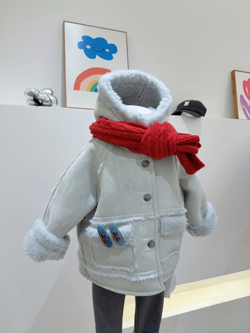 韩剧偶像style~087冬灰蓝色皮毛一体洋气保暖男女宝毛毛外加厚套