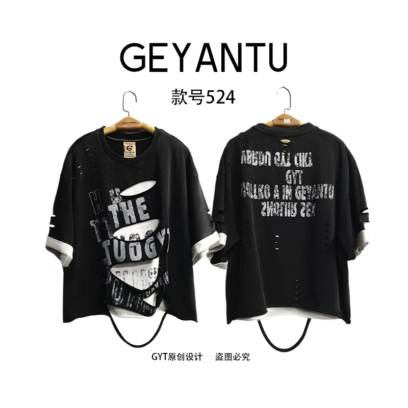 【GEYATU】设计感小众宽松百搭上衣夏季524半袖个性破洞印花短款T恤