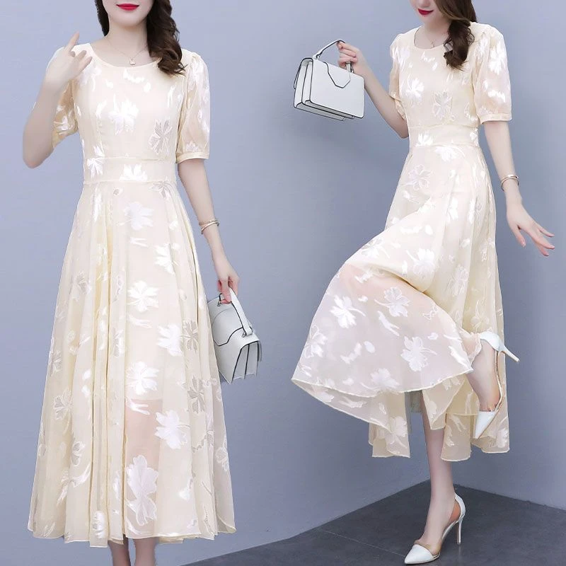 法式气质漂亮雪纺连衣裙女2025夏季新款短袖圆领修身显瘦大摆裙子