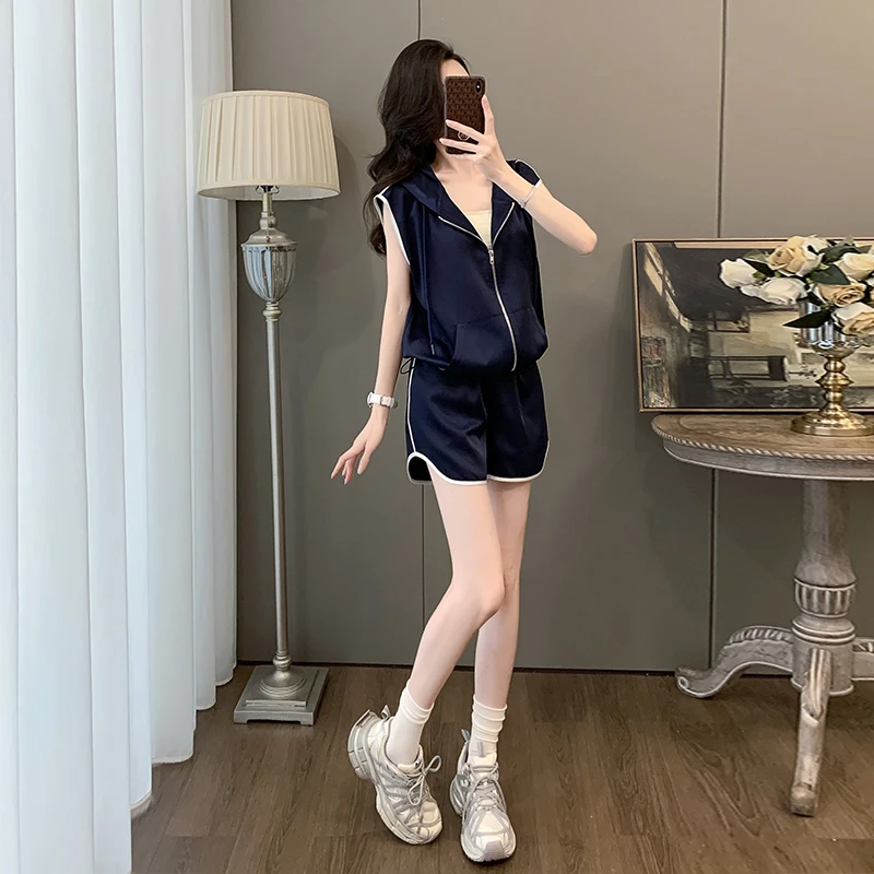 韩版设计感夏季短裤休闲运动套装夏装短袖连帽减龄显瘦两件套，