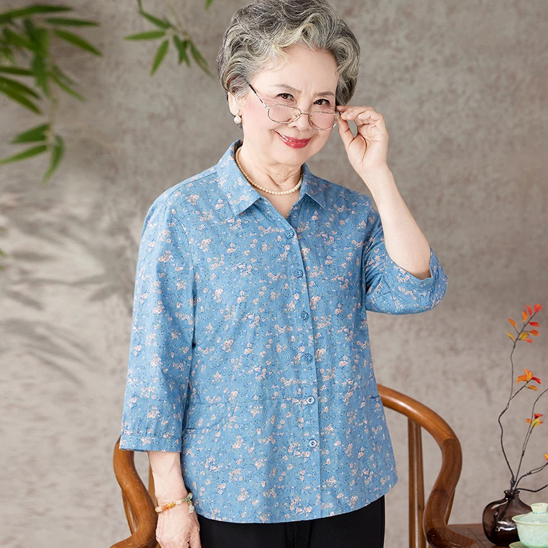 奶奶夏装纯棉衬衫七分袖上衣中老年人妈妈夏季全棉宽松衬衣碎花女