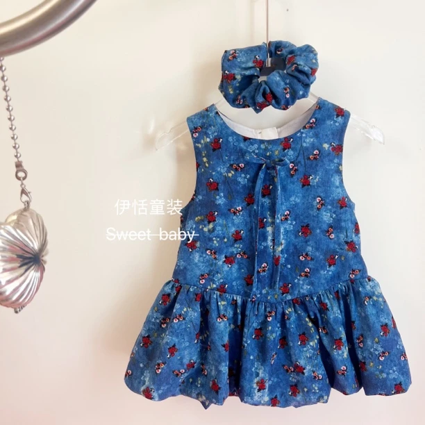 公主风花苞裙蓝色连衣裙女花花夏季洋气时尚百搭