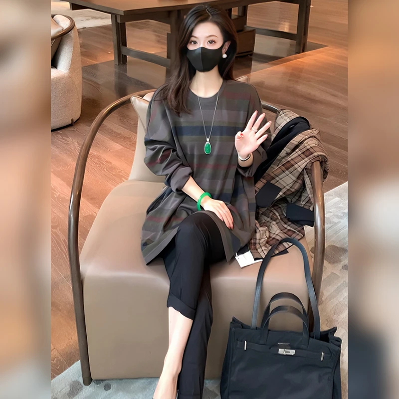 Linda姐高端线【彩虹条】秋冬叠穿慵懒条纹打底衫T恤AW4STX0040