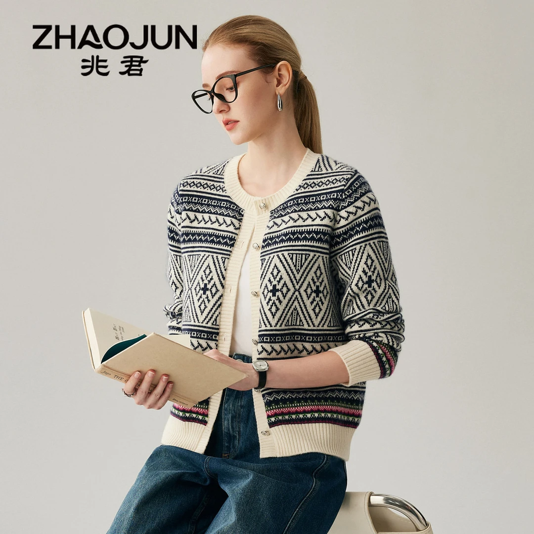 zhaojun/兆君25秋冬针织开衫圆领浮线提花秋洋气女式外套ZST8270