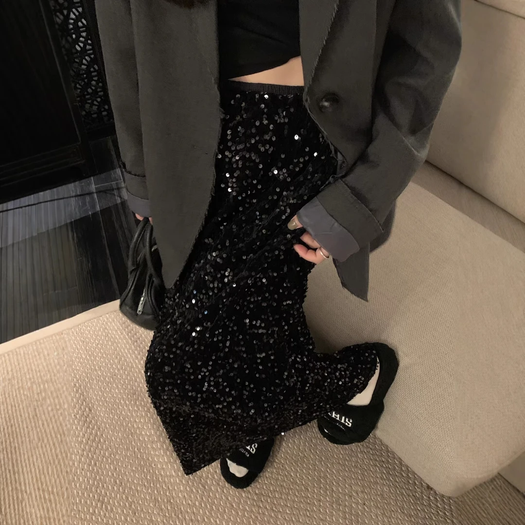 实拍2026年早春秋季新款韩版丝绒亮片半身裙中长款丝绒半身裙女