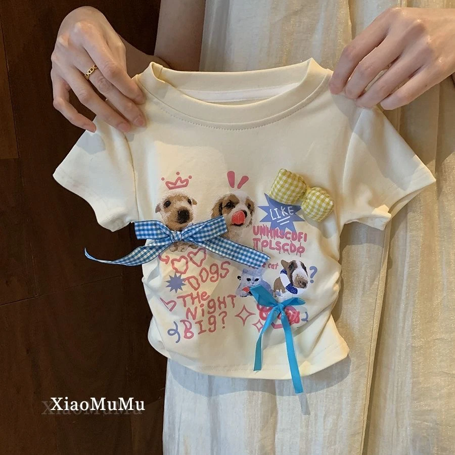 女童洋气时髦上衣2025夏装小童女宝宝短袖卡通印花百搭圆领T恤潮