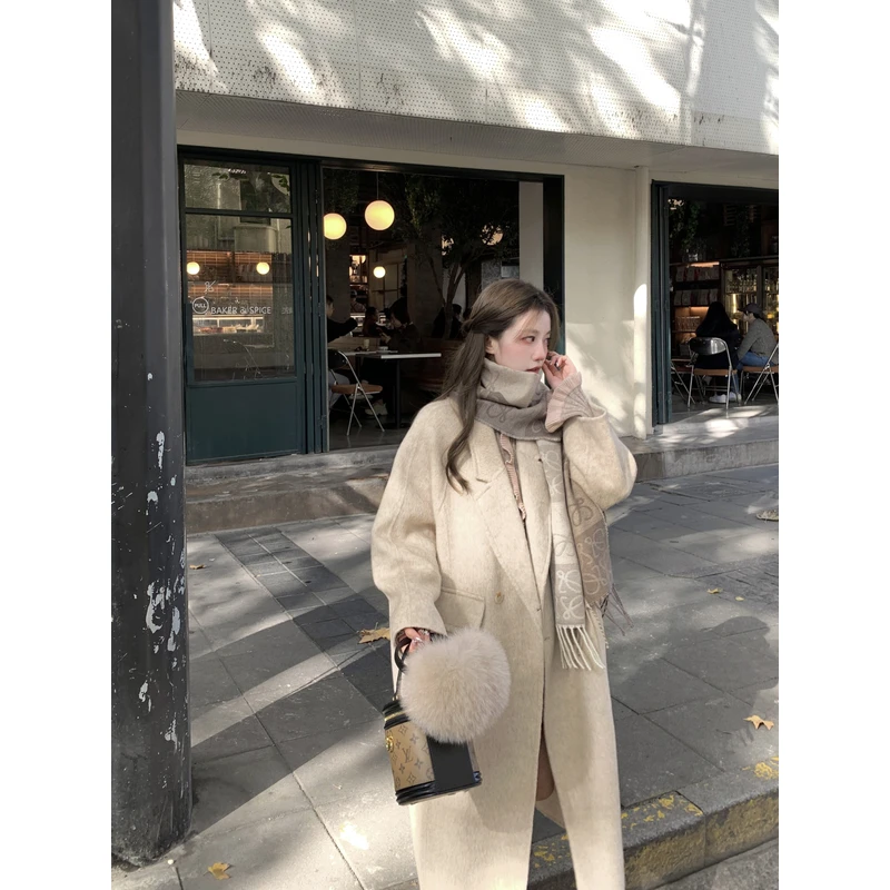 萌萌Ja」初雪天 韩版手工长款双面呢大衣气质外套女