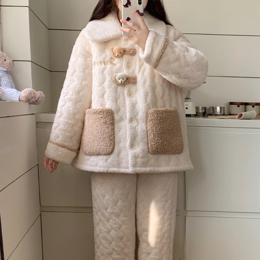 三层夹棉家居服珊瑚绒半边绒冬睡衣女款爆款2025新款加厚加绒套装