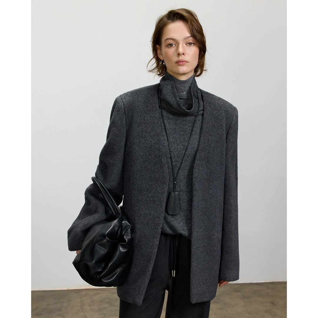 LUR V领简约宽松腰带双面呢西装外套秋冬季女装通勤短款羊绒大衣