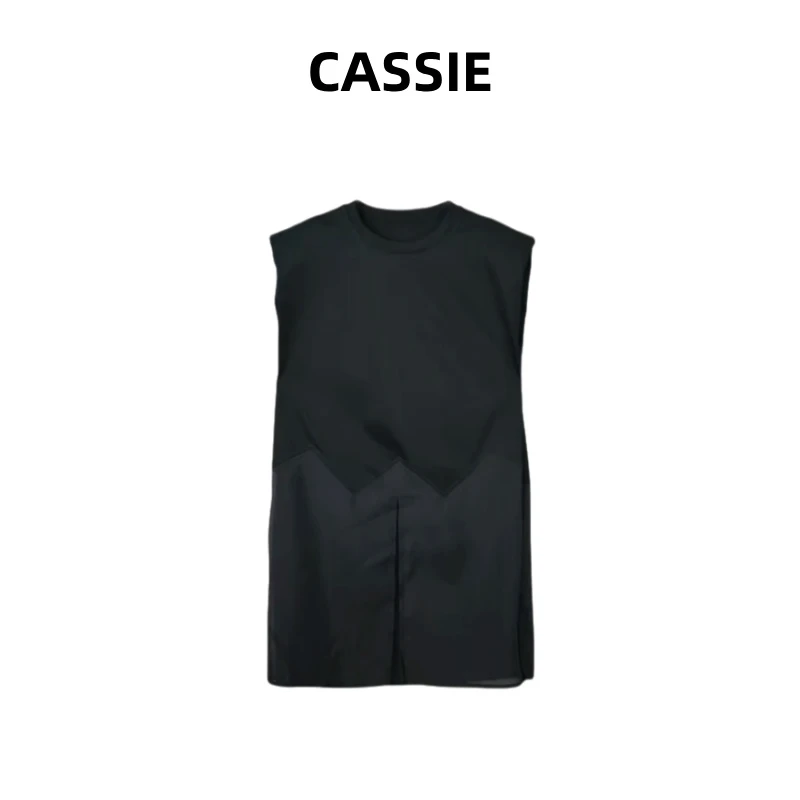 CASSIE拼接网纱T气质圆领宽松显瘦拼接网纱开叉短袖女装
