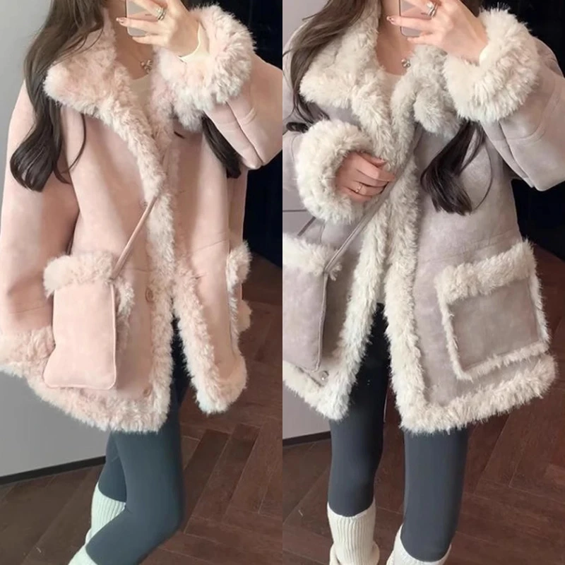 【送包包】翻领设计氛围感皮毛一体保暖毛毛外套