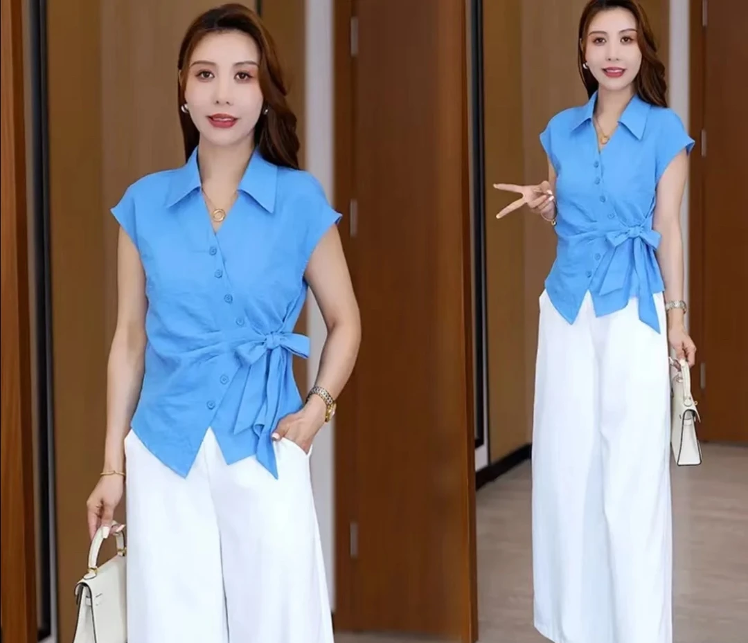 711-V领洋气衬衫复古时尚设计感上衣修身显瘦显气质百搭夏季衬衣