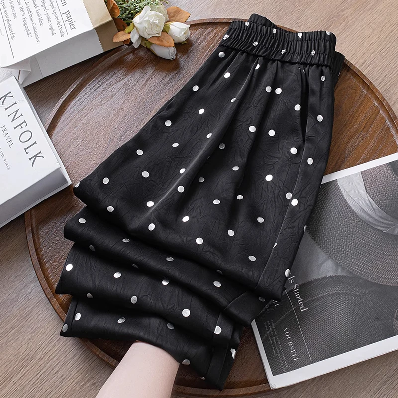 拉夏贝尔波点休闲阔腿裤女2025夏季薄款新款小个子凉凉防晒直筒裤