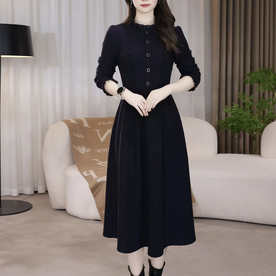 【连衣裙】显瘦气质长袖高贵时尚藏蓝色法式修身显瘦气质长袖连衣裙