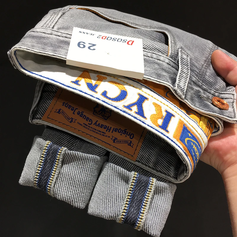 烟灰色夏季牛仔裤男款九分裤弹力美式复古印花修身小直筒长裤薄款