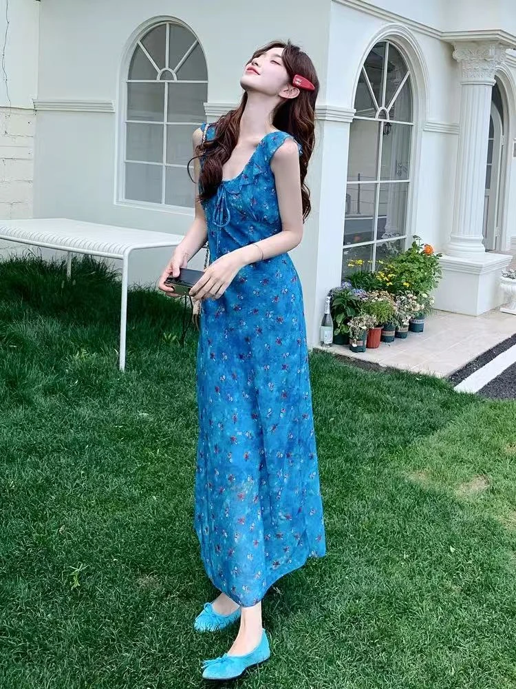 ZHUZHU 法式蓝色碎花度假连衣裙女收腰荷叶边设计感温柔【437】