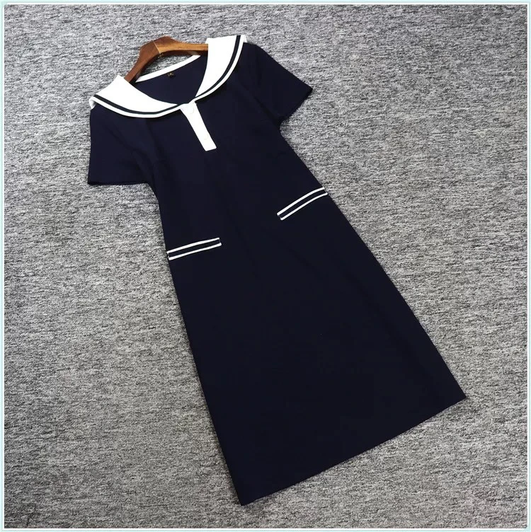 【H252蓝色连衣裙]时尚黑色潮流夏季气质女士拼接中长款