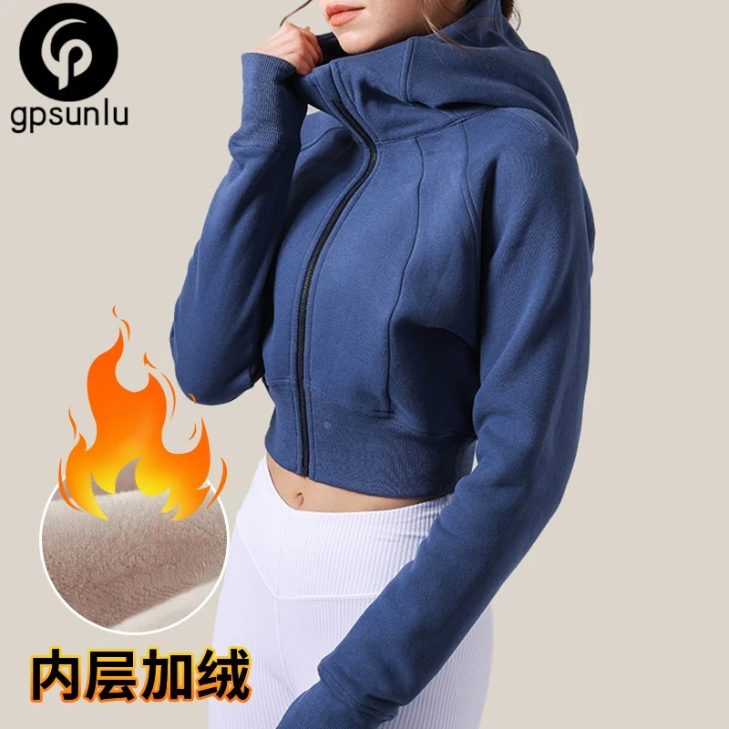 新款防风加厚瑜伽外套冬季防寒半高领连帽运动外套跑步健身服长袖