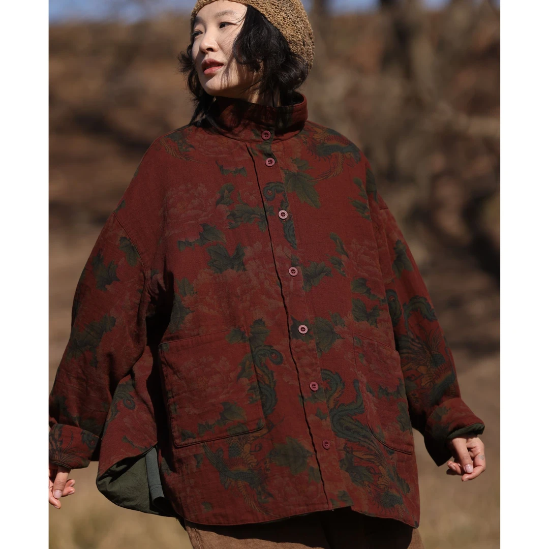 古蘭木-原创春秋季新款复古红花亚麻棉双层外套6932