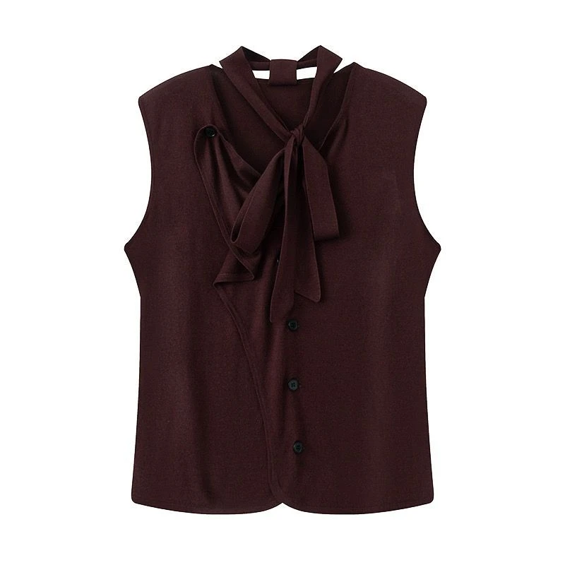 艾家~商场同款2025夏新款时尚百搭无袖飘带领针织衫女50528137