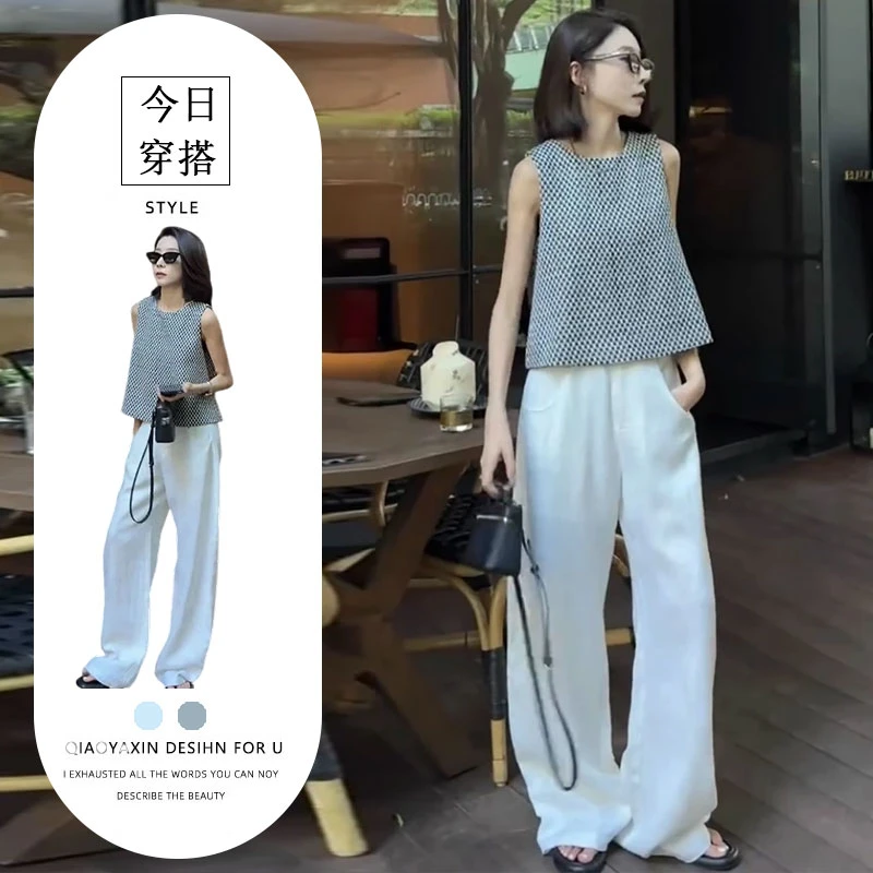 夏装搭配一整套气质干练黑白格子圆领无袖背心高腰阔腿裤两件套装