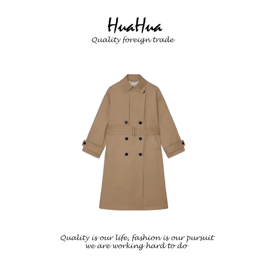 HUASNV 【禾】25春款全棉斜纹风衣 双排扣长款外套 G0080