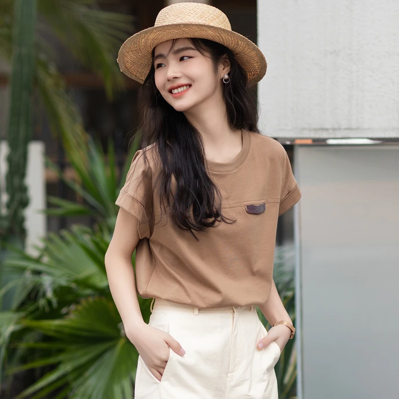 风笛2025夏季新款短袖简约休闲T恤宽松打底百搭圆领小众上衣女