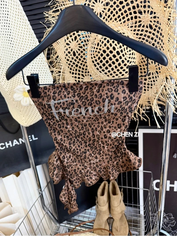 【加州日记】不规则豹纹吊带背心女夏季美式辣妹性感一字肩抹胸上衣