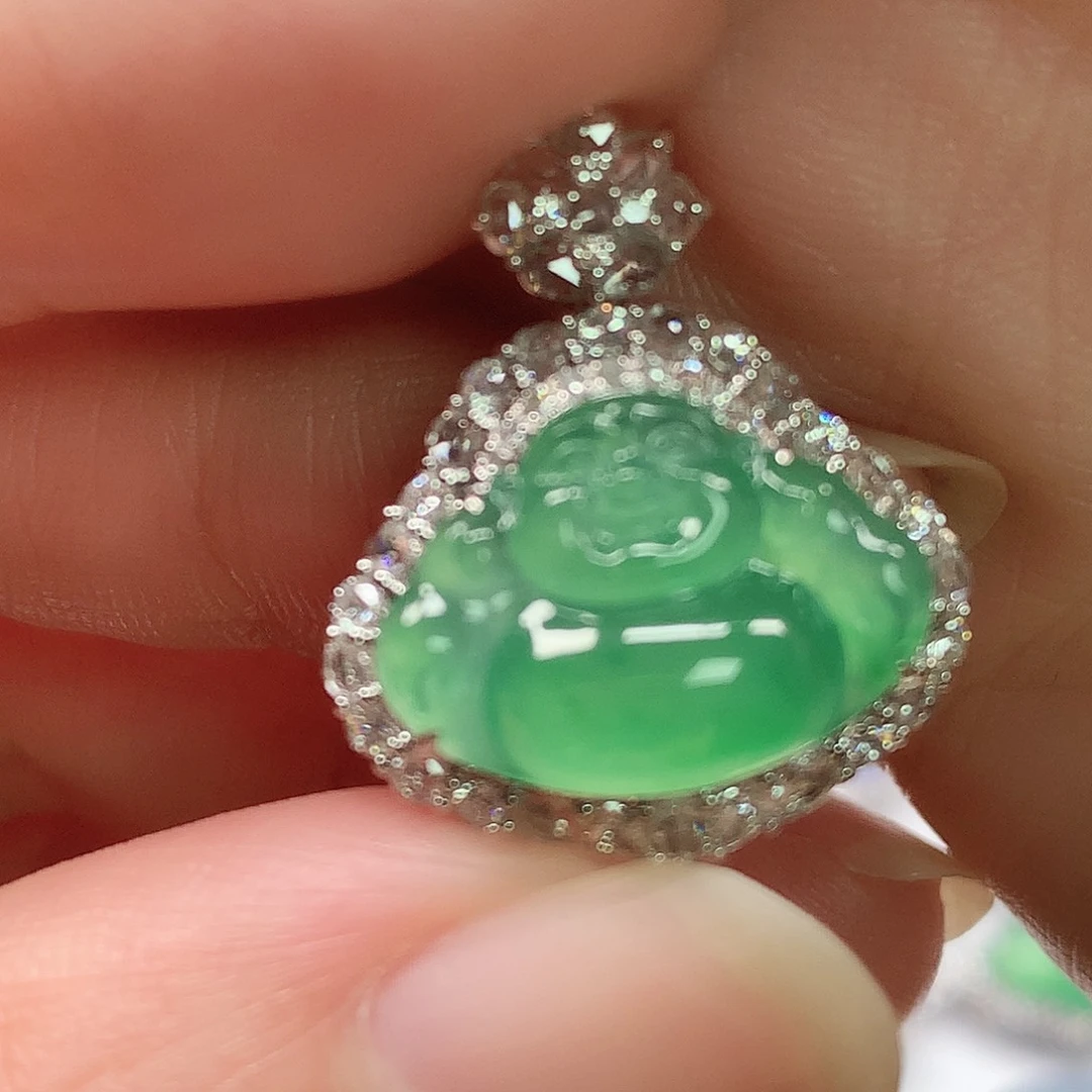 翡翠裸石湖水绿佛公18k镶嵌