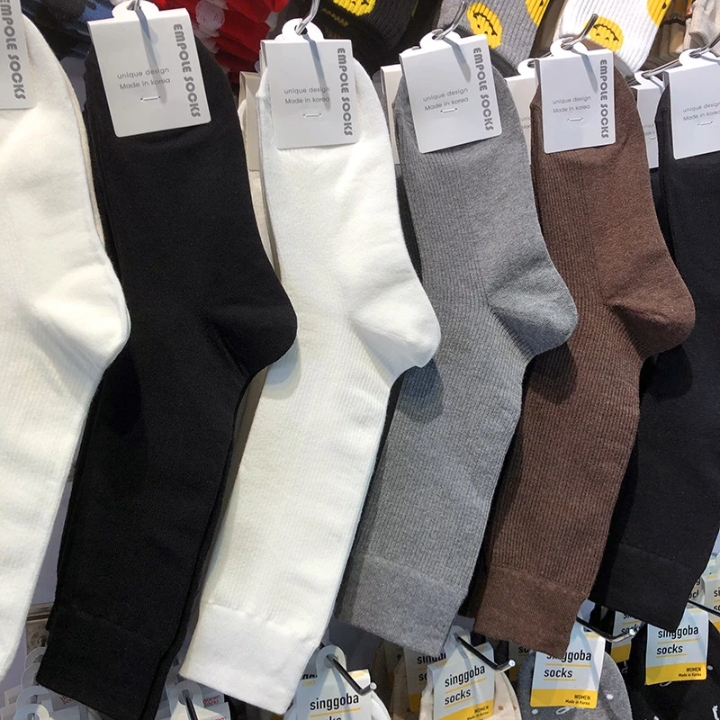 堆堆袜EMPOLE纯色小坑条女士中高筒袜子韩国东大门简约百搭长棉袜