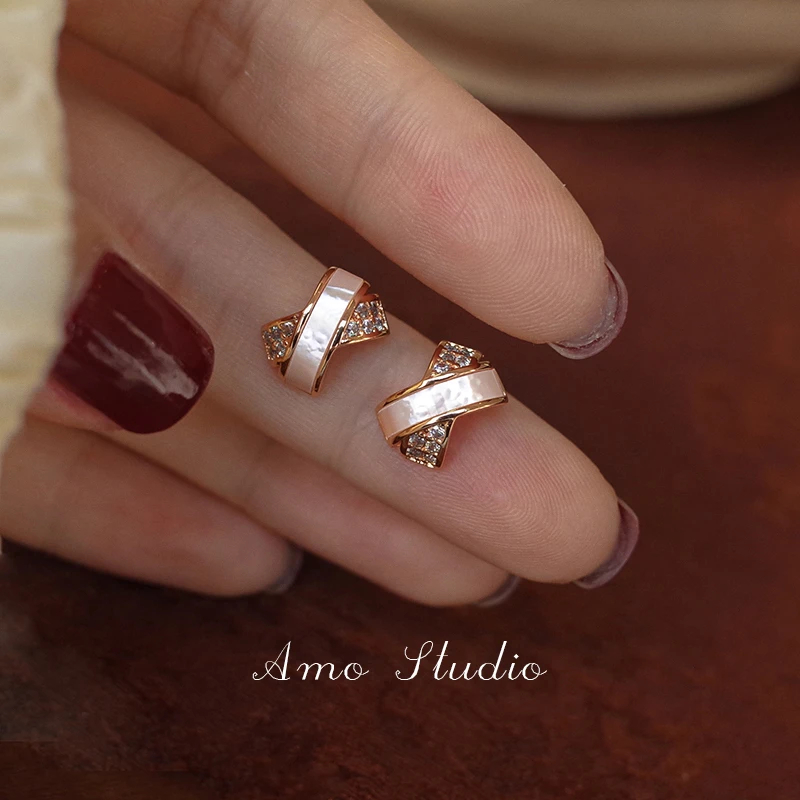 925银耳饰 闪钻贝壳交叉耳钉女轻奢气质小众设计耳环百搭通勤耳饰