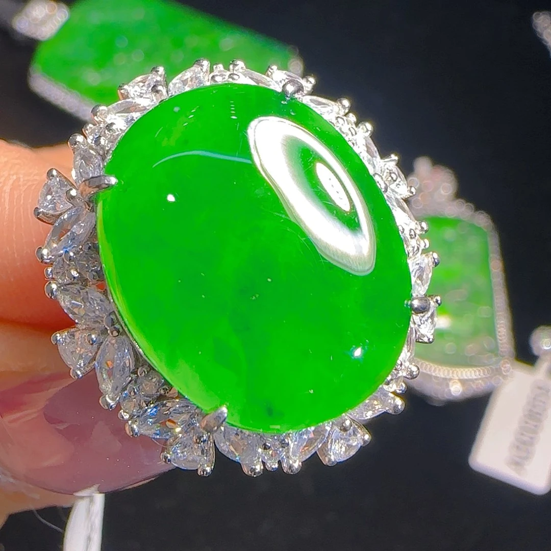 翡翠戒指银S925镶嵌天然