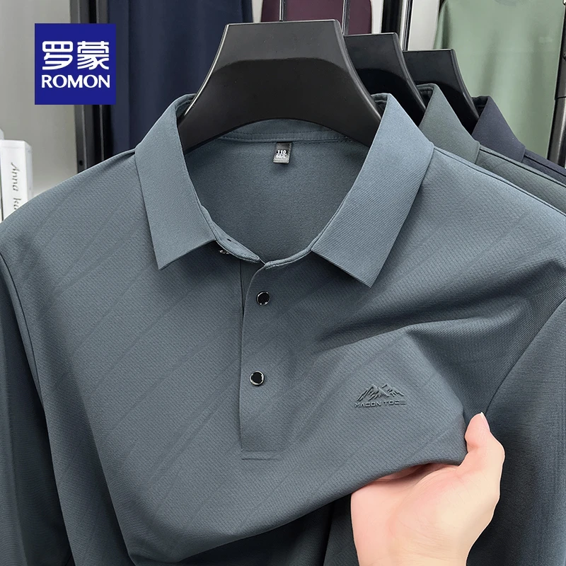 罗蒙高端无痕长袖t恤男士翻领polo衫2025新款秋季中年上衣爸爸装
