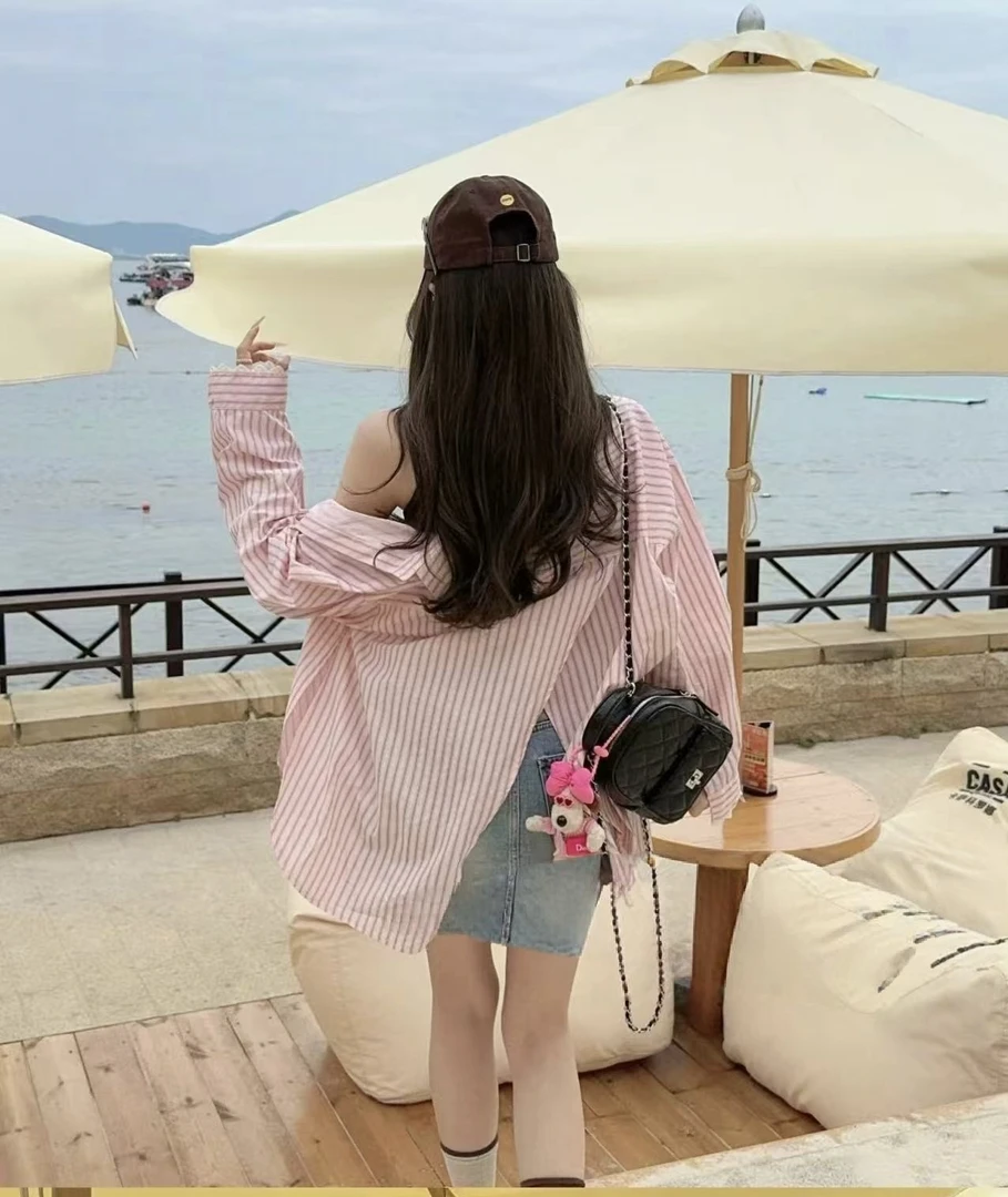 现货 纯欲少女风粉色条纹拼蕾丝袖长袖衬衫外套