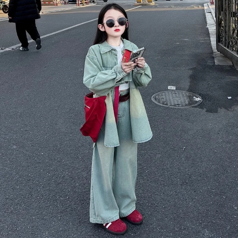 女童春季牛仔套装休闲时髦中大童2025新款儿童外套裤子两件套