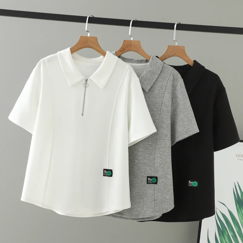 2025夏装新款胖mm大码女装贴标上衣显瘦短袖半拉链翻领盐系T恤女