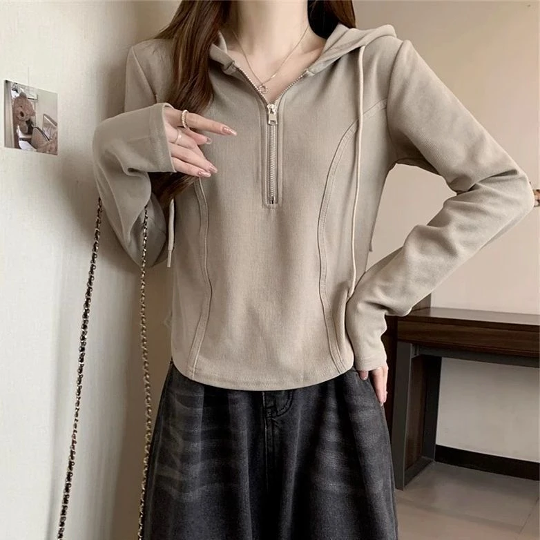 棉质大码女装洋气半拉链连帽卫衣女春秋胖mm收腰上衣藏肉打底衫潮