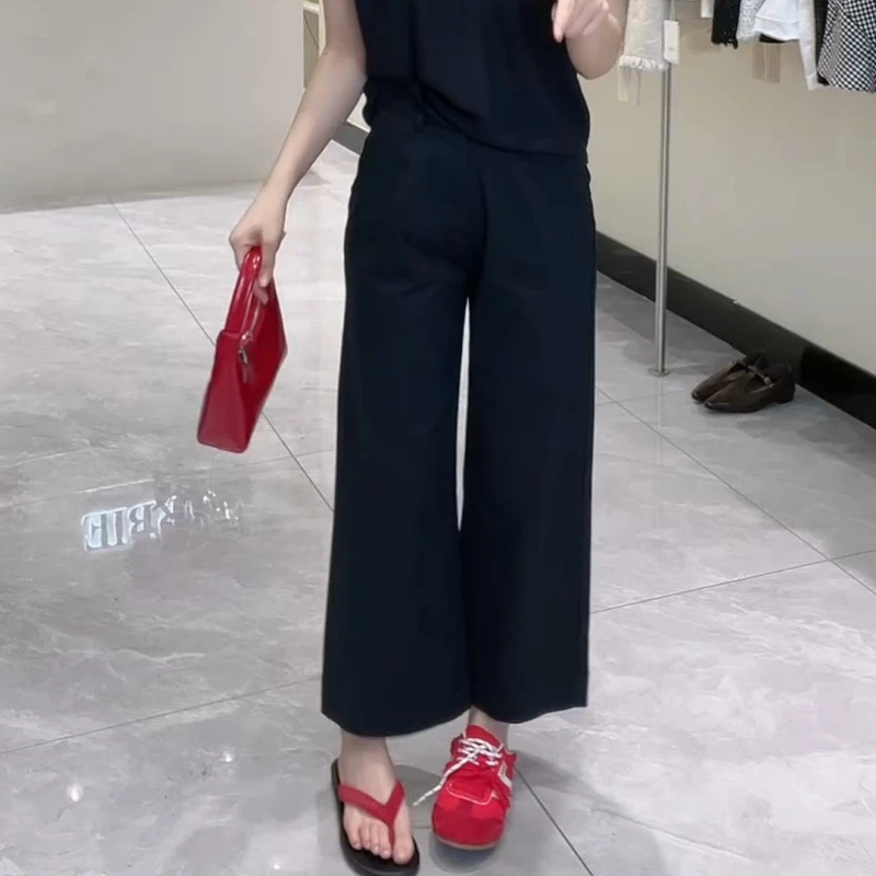 夏季韩版中高腰蕾丝边百搭薄款显瘦腰头直筒裤子LK2503646