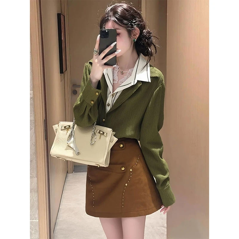 假法式秋冬衬衫女2025上衣翻领长袖新款宽松两件气质拼接减龄显瘦