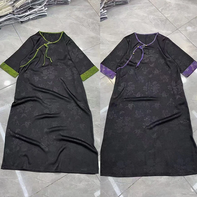 大聪新中式国风短袖连衣裙胖妹妹宽松显瘦过膝长裙200斤77241