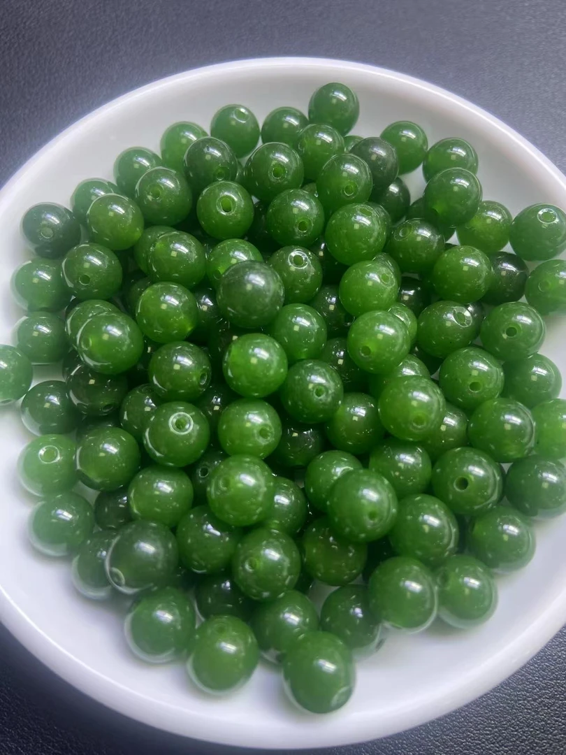 散珠天然和田玉  菠菜绿61--卡12MM -- 10颗（赠弹力绳）
