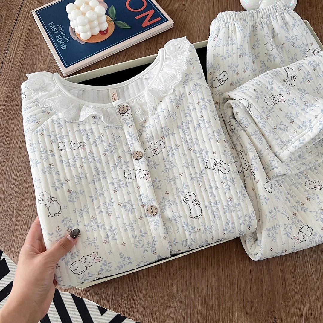 韩版甜美蕾丝碎花兔子睡衣女秋冬季空气棉保暖夹层外穿家居服套装