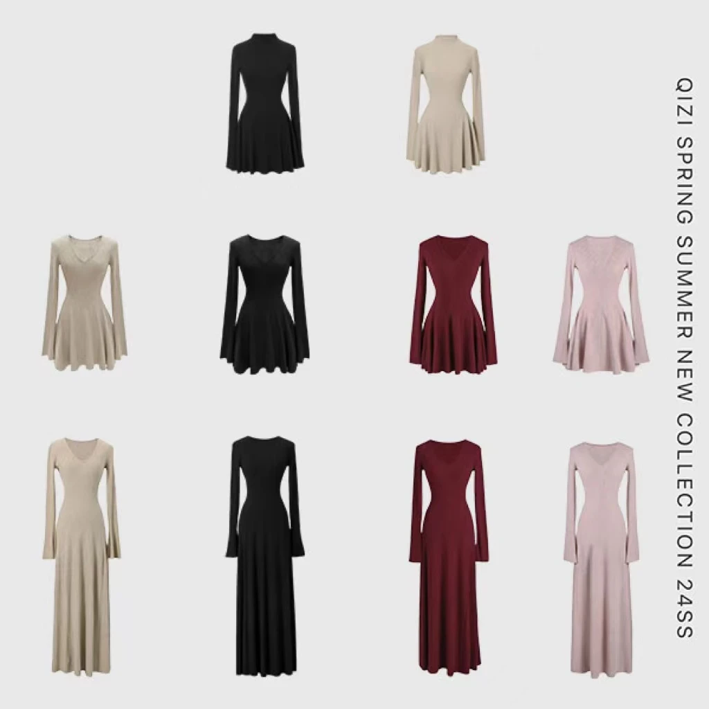 【QI ZI】茶香可颂长袖V领长裙连衣裙针织裙显瘦万能打底裙秋冬