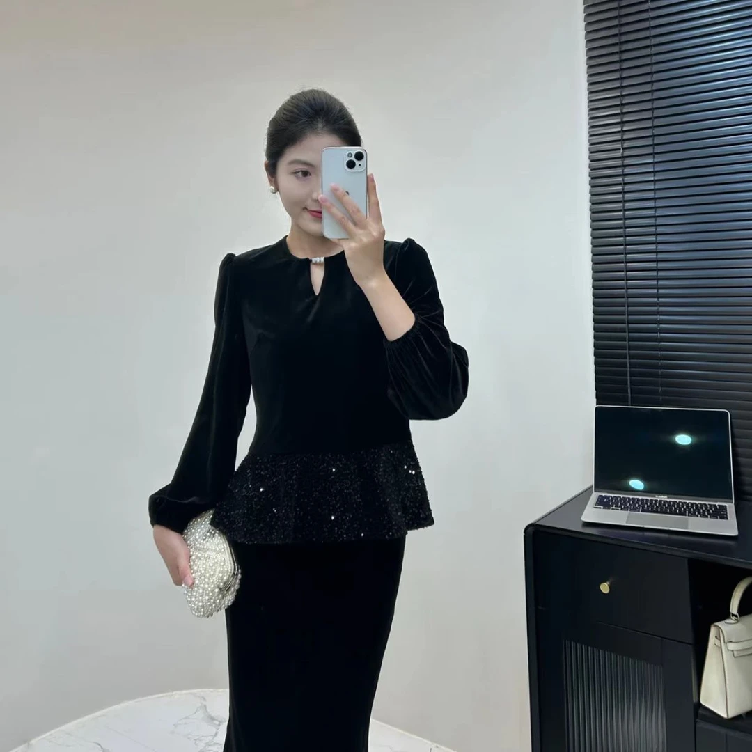 ST-039拼接荷叶袖秋季亮片女长袖重工时尚不起球T恤复古秋季新款