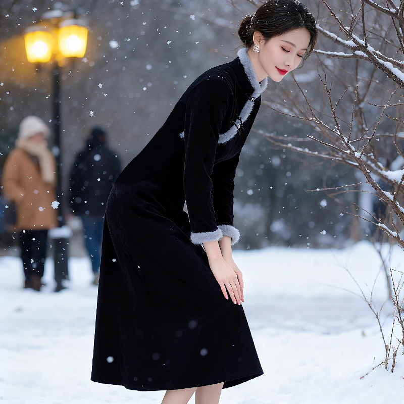 黑色2025新款高端修身秋装日常老上海中国风民国改良长袖连衣裙